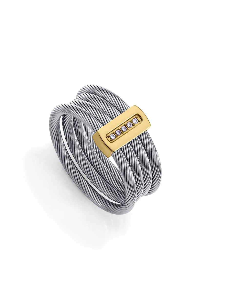 Anillo de mujer de acero e Ip dorado múltiples cables unidos con barra con circonitas blancas