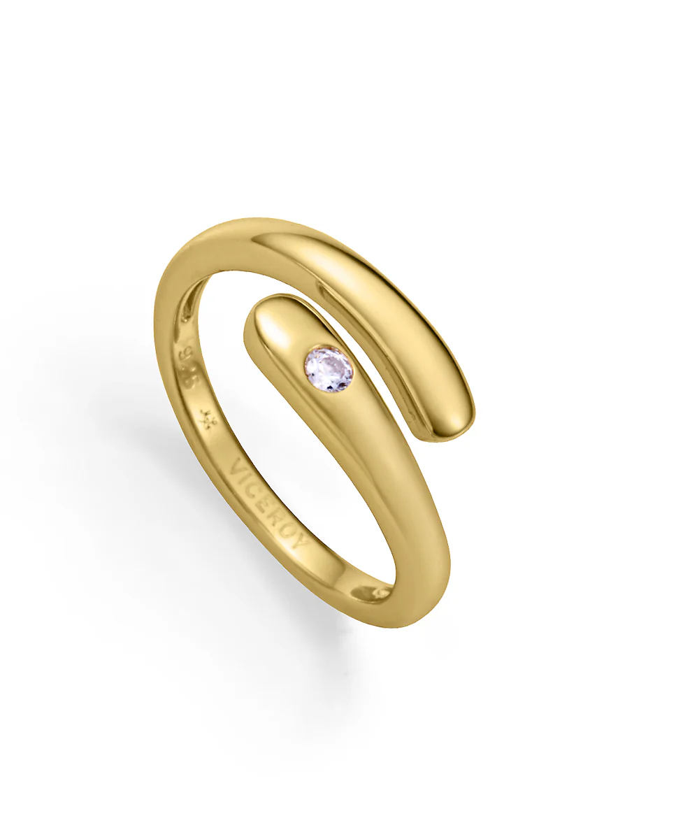 Anillo de plata de primera ley con baño de oro abierto con una circonita blanca