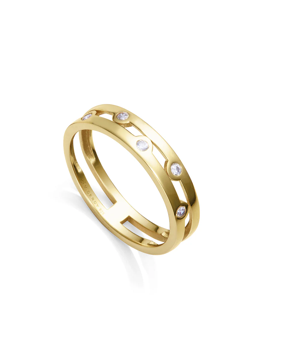 Anillo doble de plata de ley con baño de oro y circonitas blancas