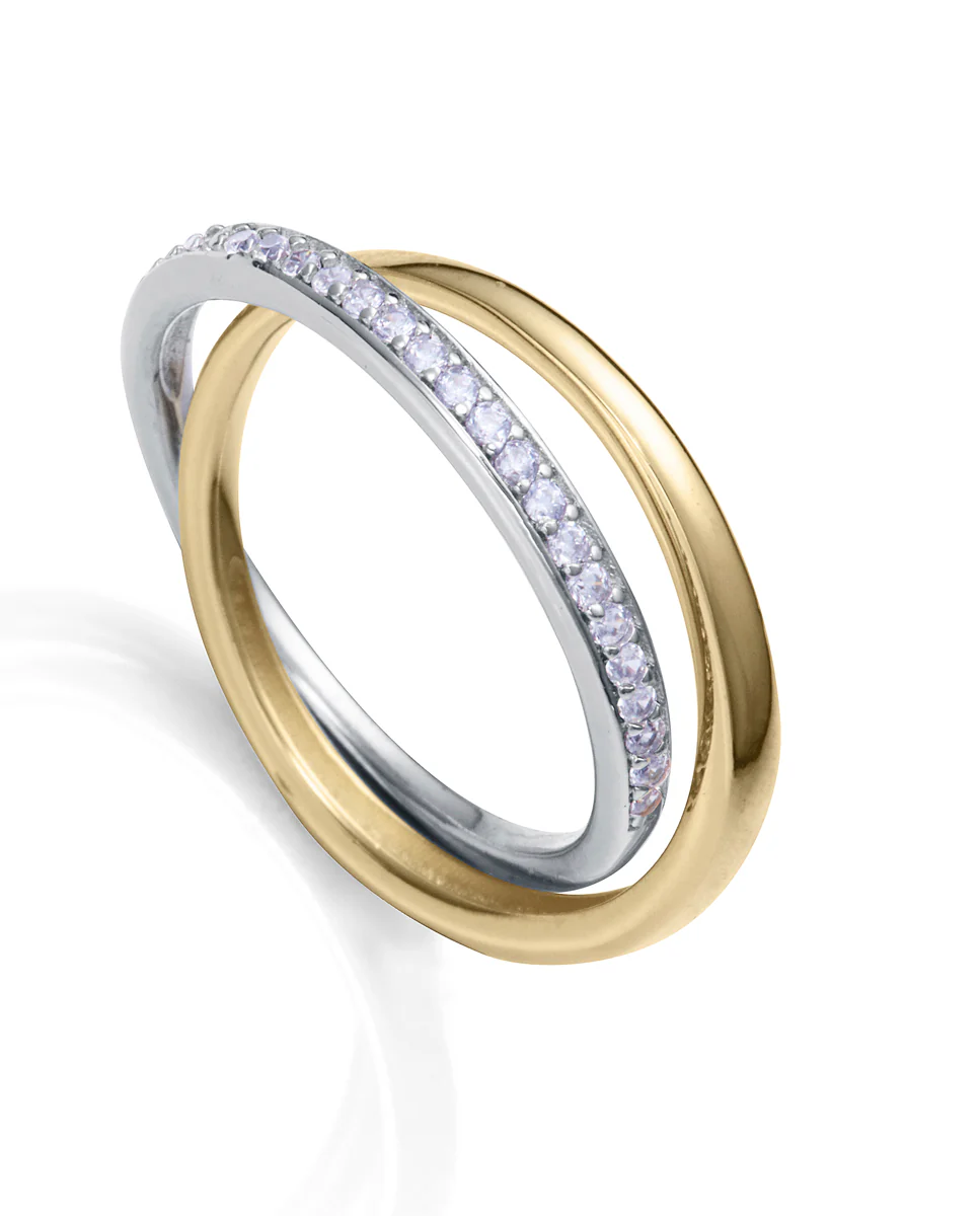 Anillo doble de plata de ley con baño de oro y rodio con fila de circonitas blancas