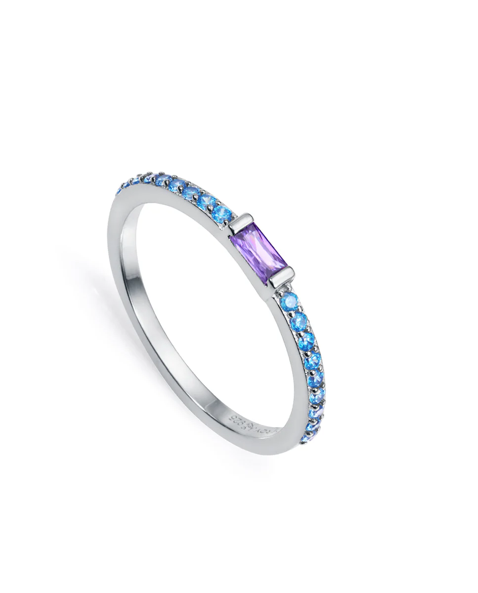 Anillo Elegant de plata de ley con baño de rodio y circonitas de color azul y morado