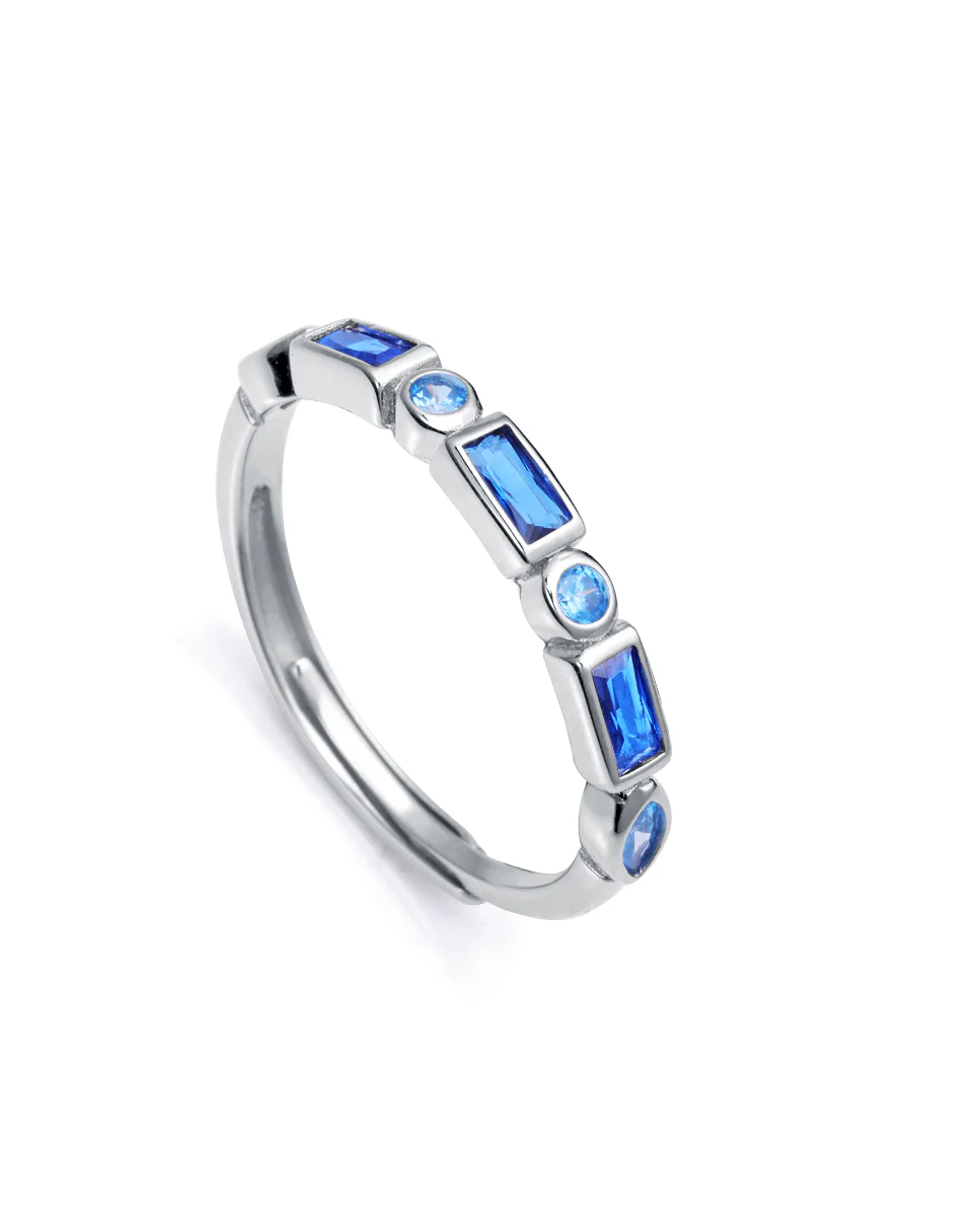 Anillo Elegant de plata de ley con baño rodio y circonitas azules
