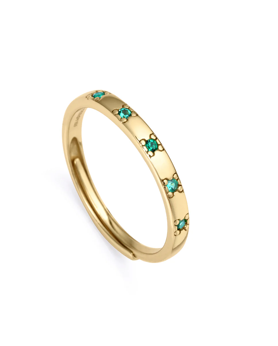 Anillo Trend de plata de ley con baño de oro y circonitas en color verde
