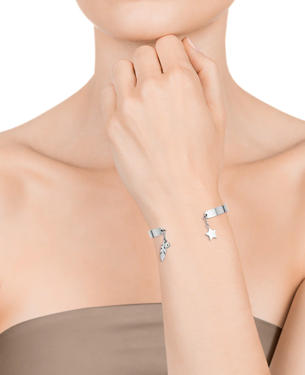 Brazalete Kiss de acero con motivos con forma de pluma y estrella - Image 2