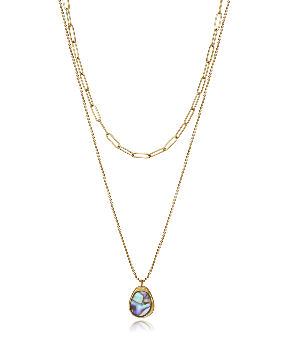 Collar Chic de acero dorado con doble cadena y colgante de abalone