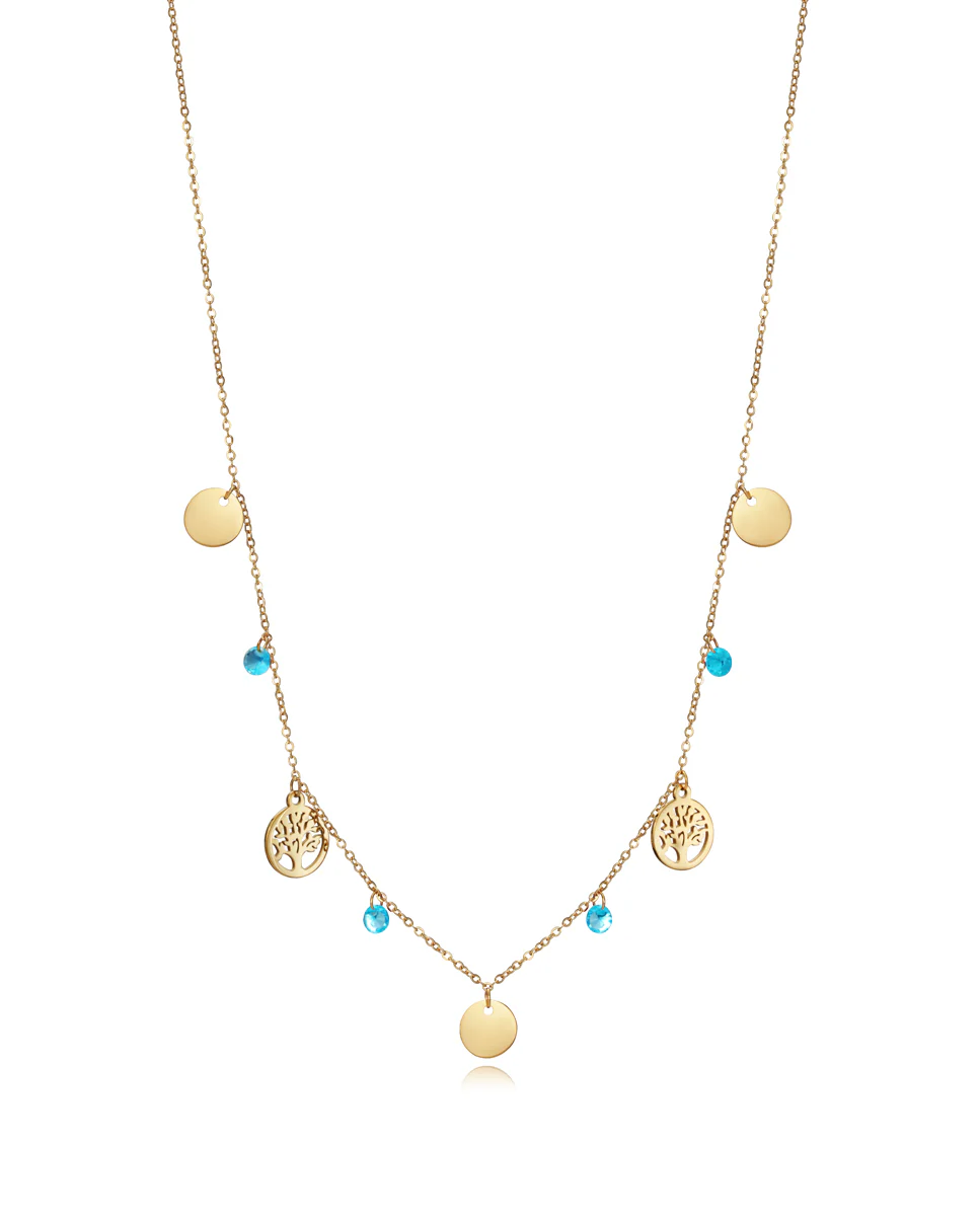Collar Chic de acero dorado con hojas y circonitas azules