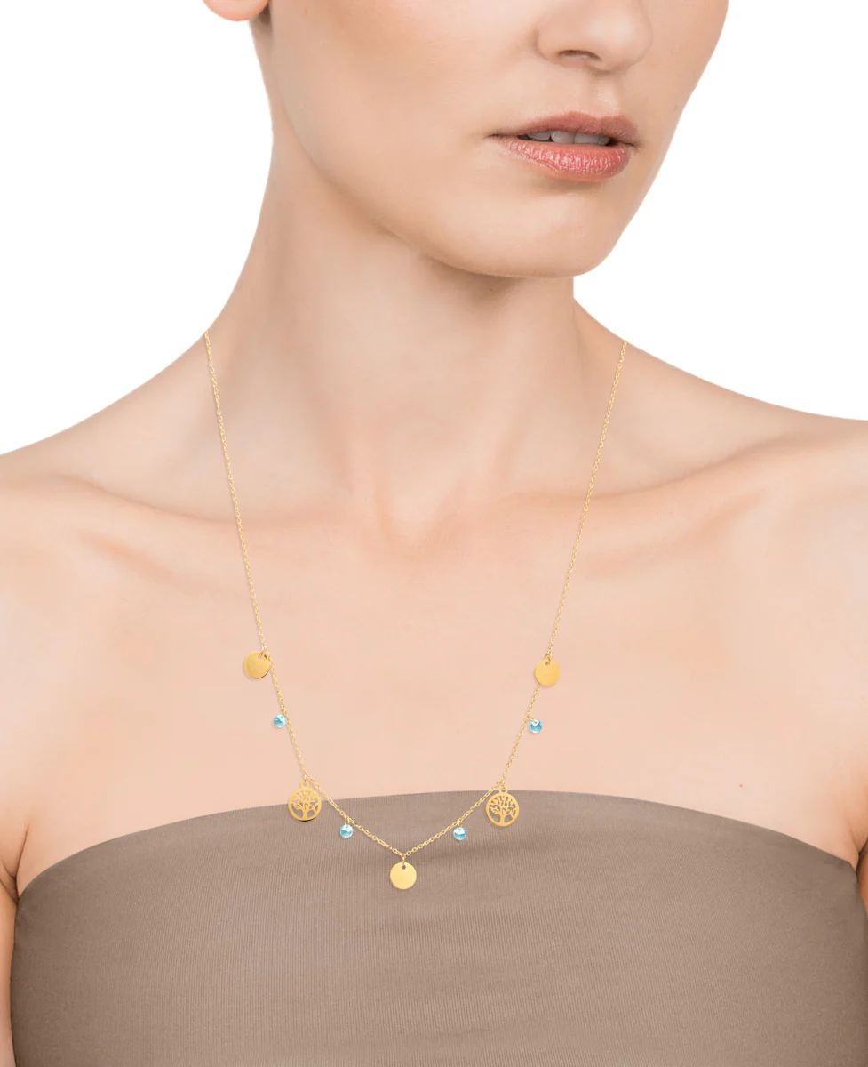 Collar Chic de acero dorado con hojas y circonitas azules - Image 2