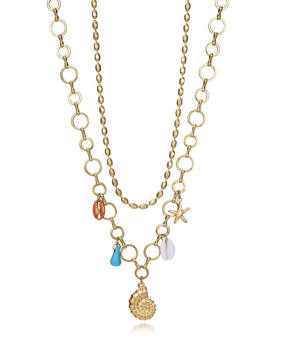 Collar de mujer de acero Ip dorado con colgantes de concha natural, piedra sintética y acero
