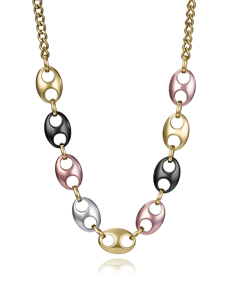 Collar de mujer de acero tipo calabrote con Ip dorado, negro y rosa