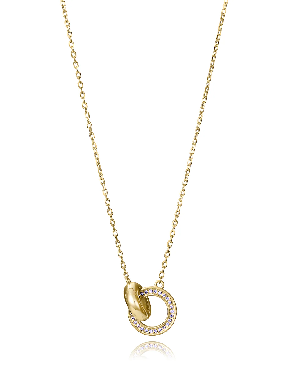 Collar de plata de primera ley con baño de oro con circonitas blancas y dos aros enlazados