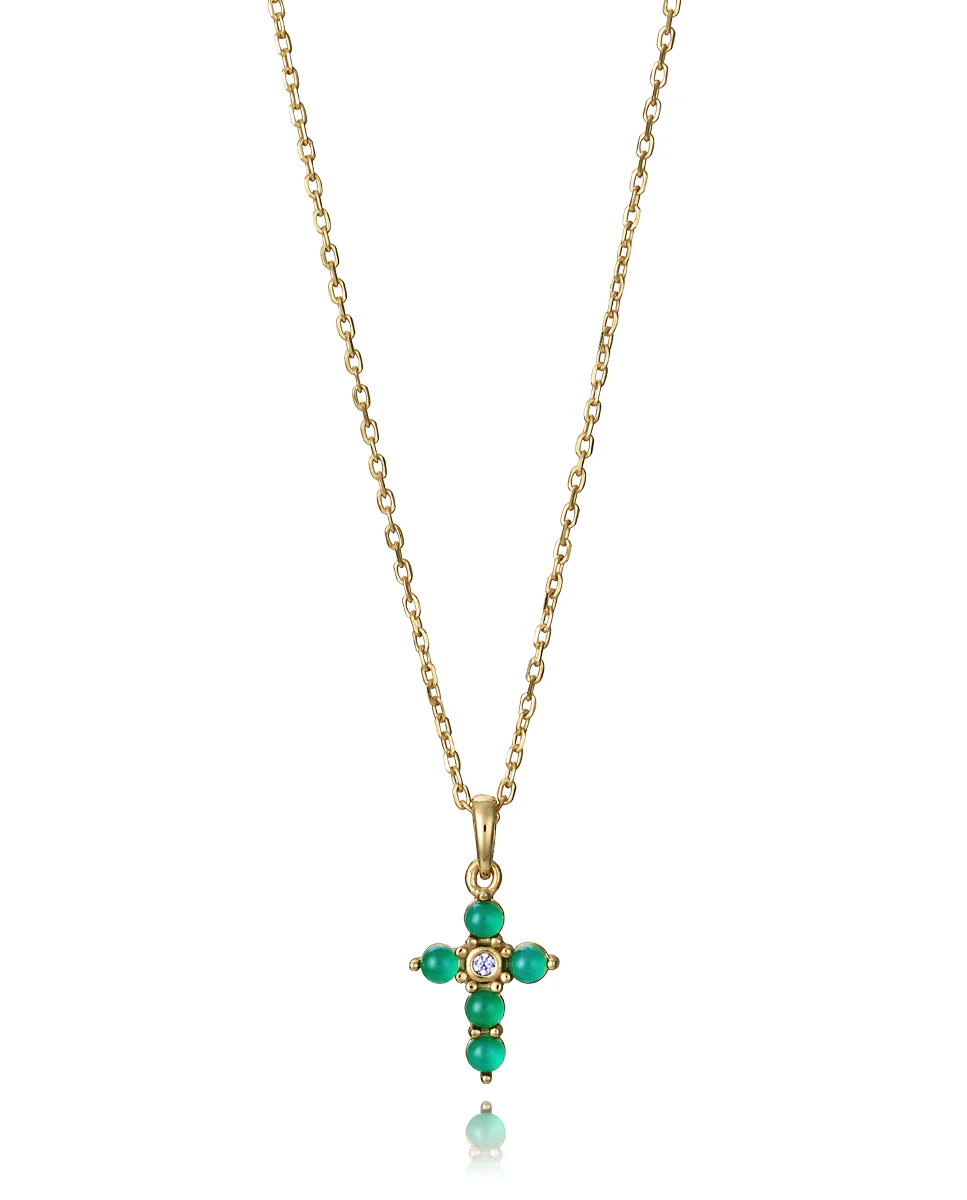 Collar de plata de primera ley con baño de oro y colgante cruz con piedras naturales topacio blanco  y agata verde