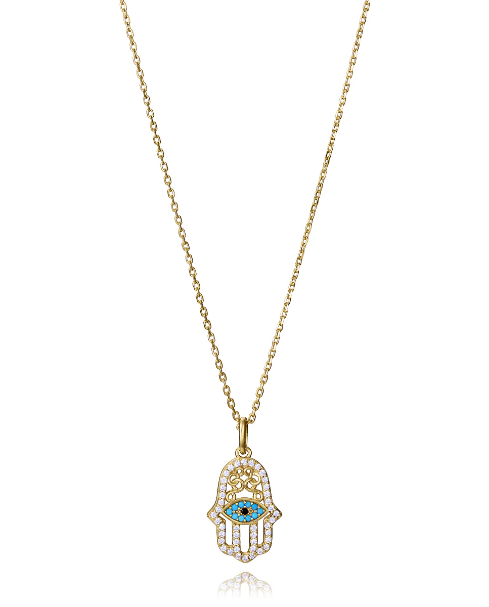 Collar de plata de primera ley con baño de oro y colgante mano de fatima con circonitas