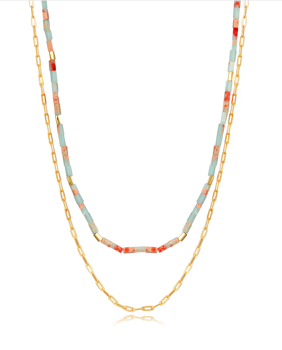 Collar Elegant de plata de ley con baño de oro con cadena y piedras agalmatolite