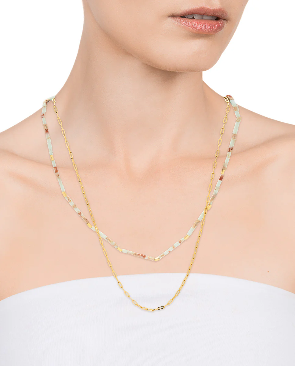 Collar Elegant de plata de ley con baño de oro con cadena y piedras agalmatolite - Image 2