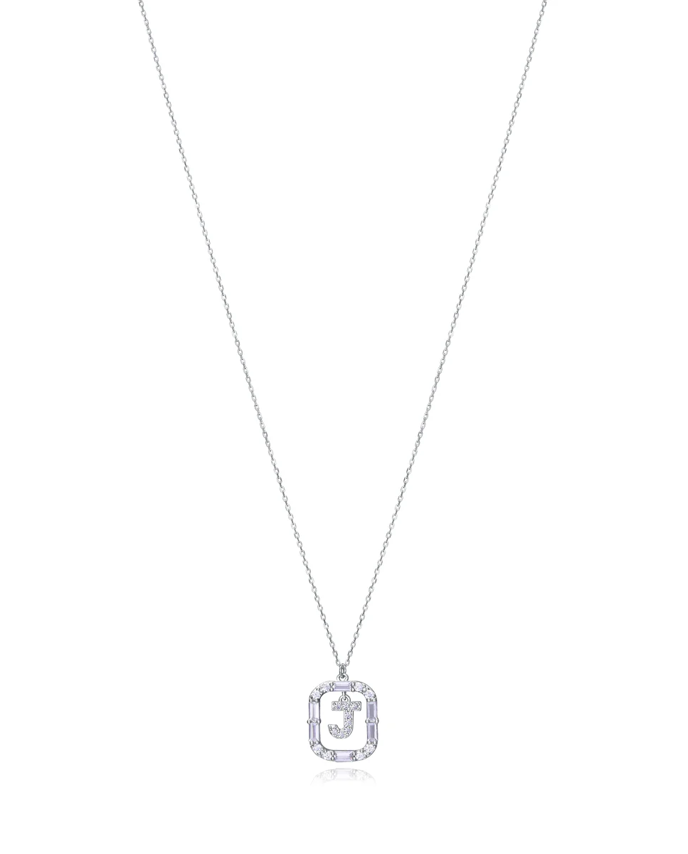 Collar Elegant de plata de ley con letra J con baño de rodio y circonitas blancas