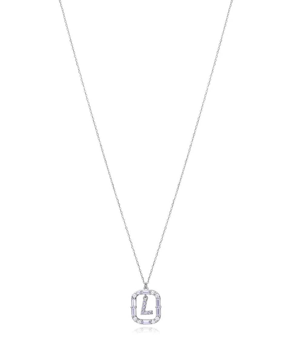 Collar Elegant de plata de ley con letra L con baño de rodio y circonitas blancas