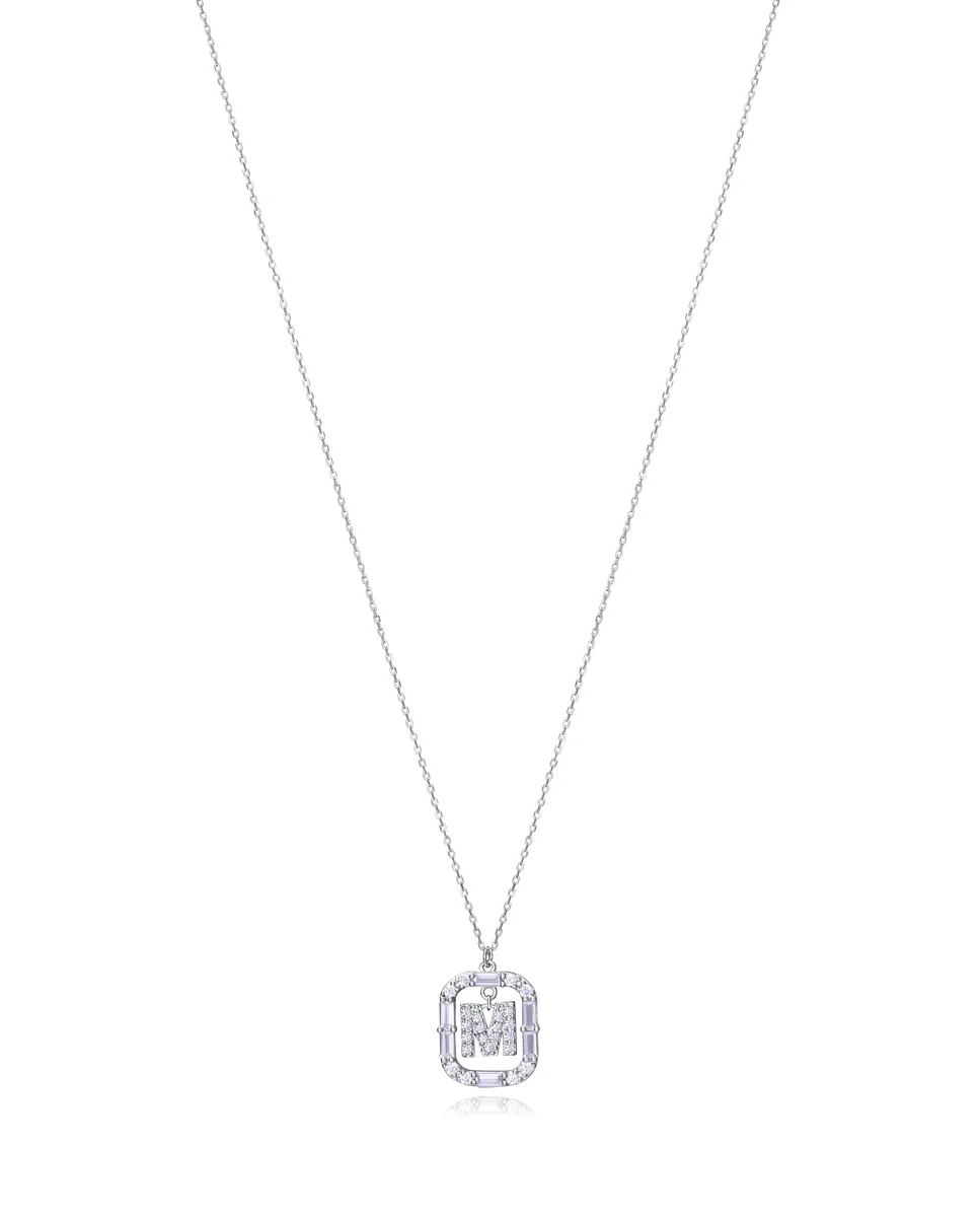Collar Elegant de plata de ley con letra M con baño de rodio y circonitas blancas