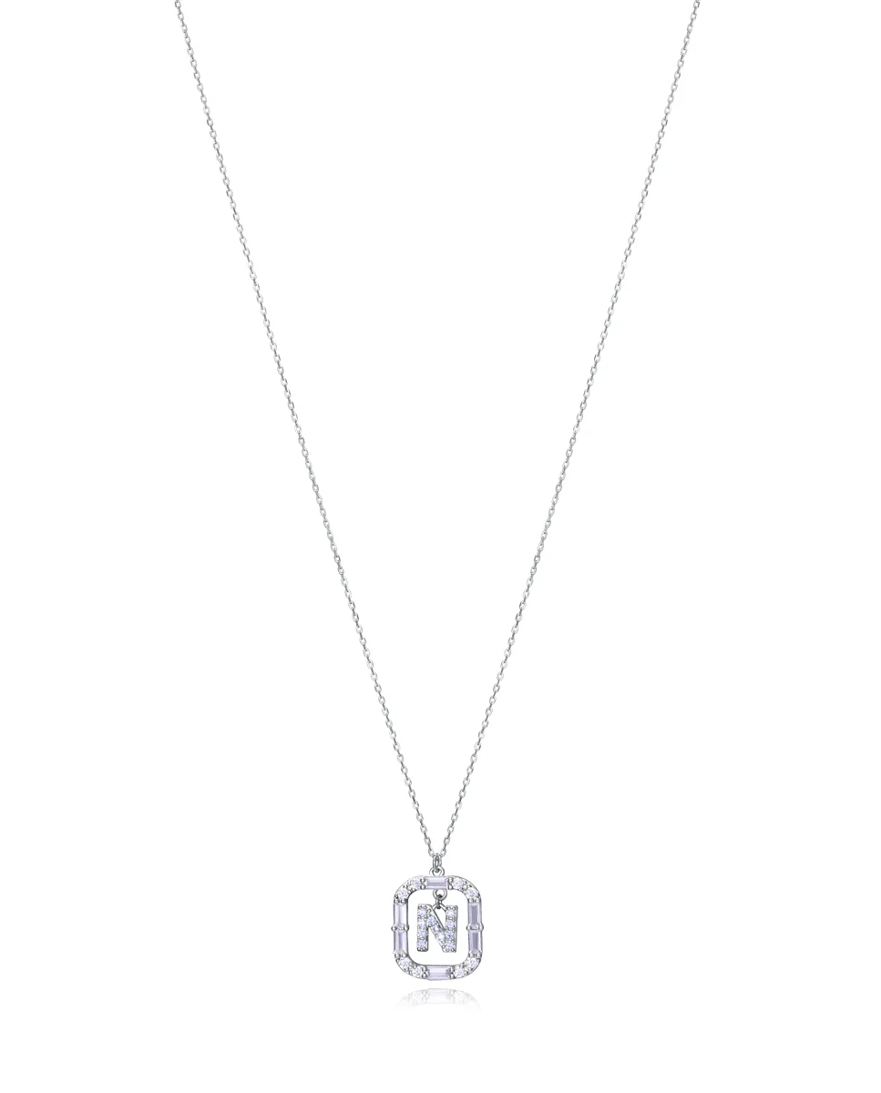 Collar Elegant de plata de ley con letra N con baño de rodio y circonitas blancas