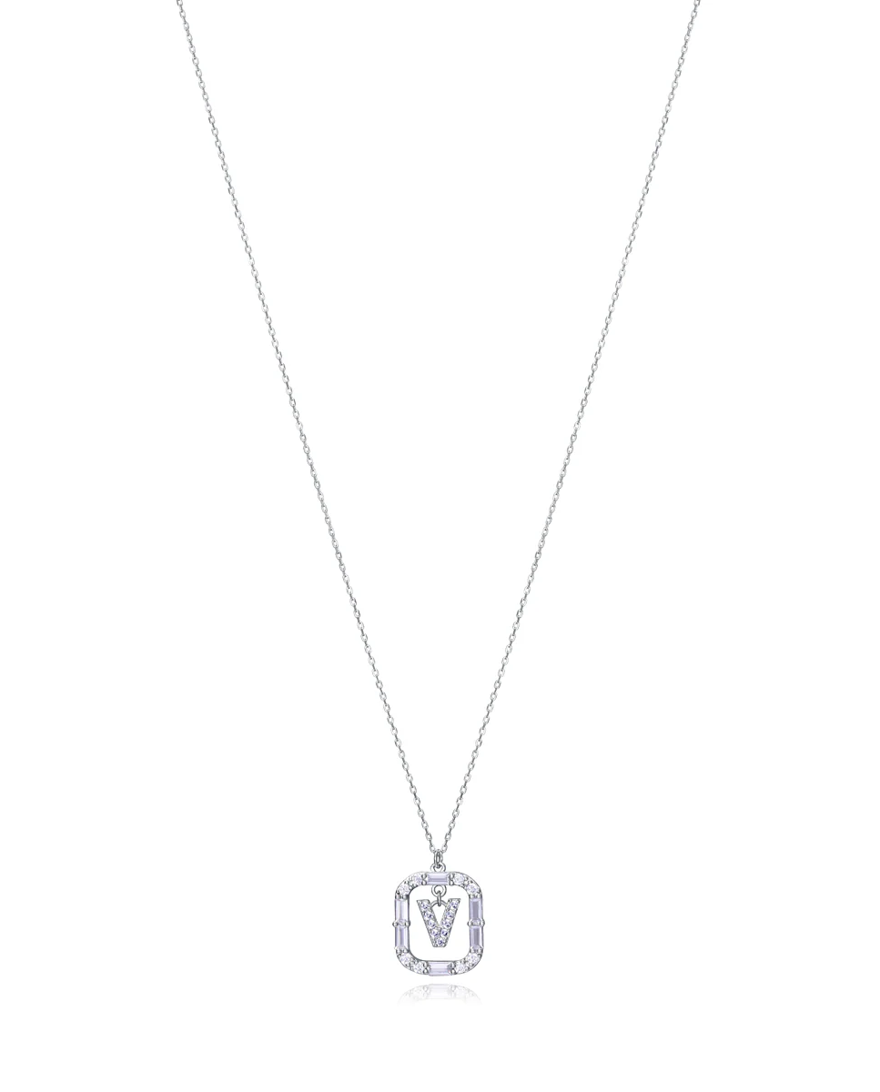 Collar Elegant de plata de ley con letra V con baño de rodio y circonitas blancas
