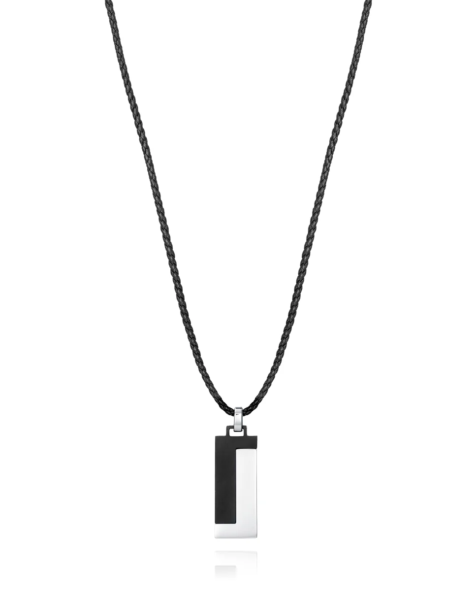 Collar Magnum de piel negra con placa colgante en acero e Ip negro