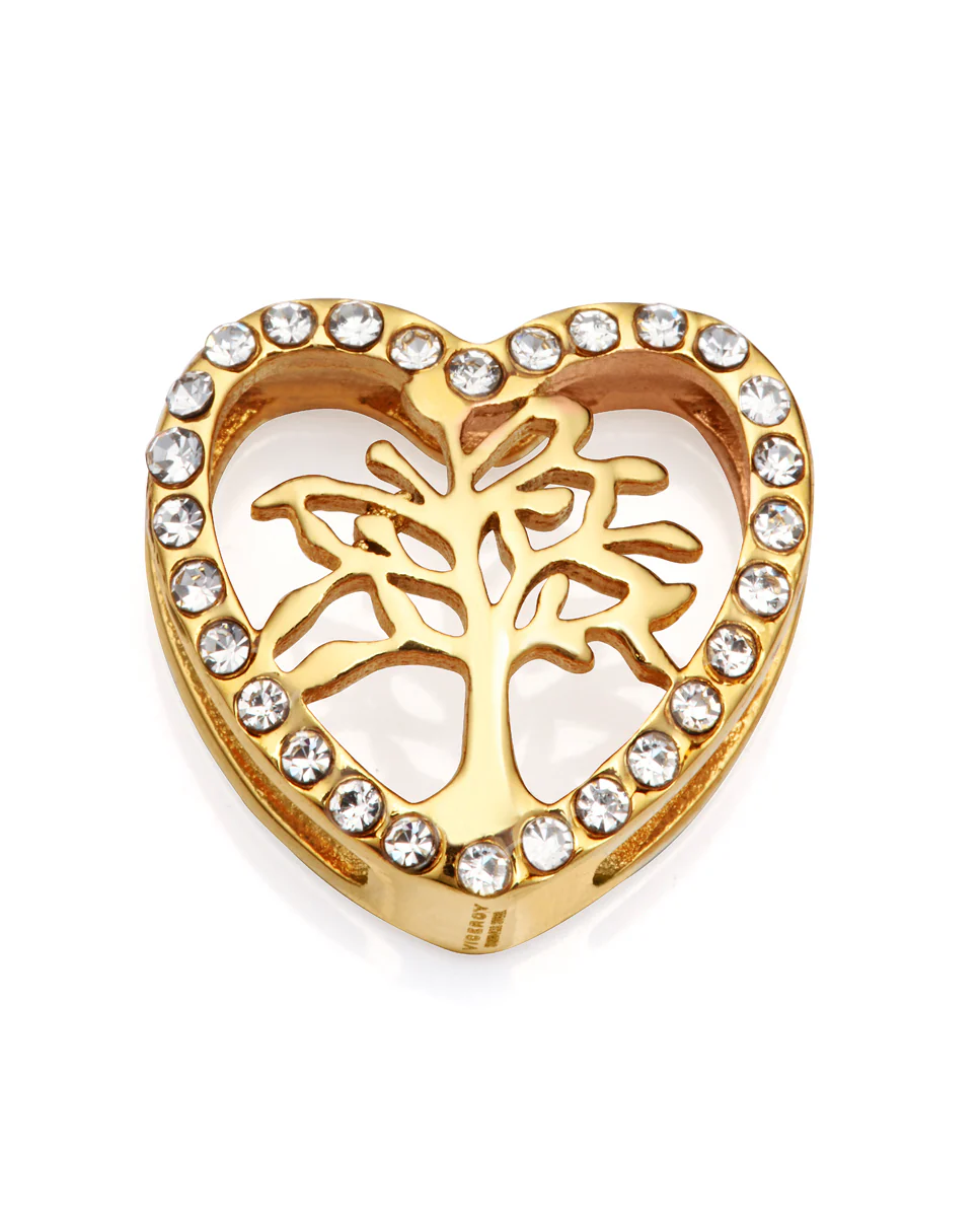 Motivo de acero IP dorado con árbol de la vida dentro de un corazón de circonitas para montar en pulsera personalizable de mujer