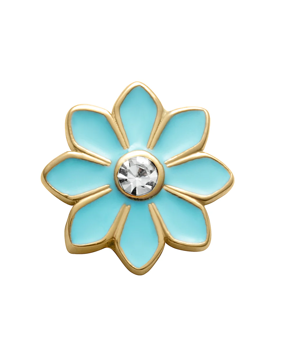 Motivo de acero IP dorado en forma de flor con esmalte azul y circonita para montar en pulsera personalizable