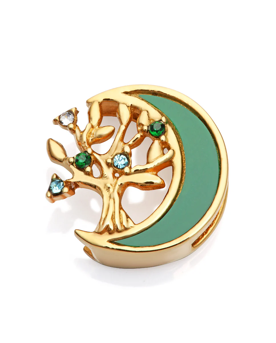 Motivo de acero IP dorado y resina con árbol de la vida y luna verde para montar en pulsera personalizable de mujer