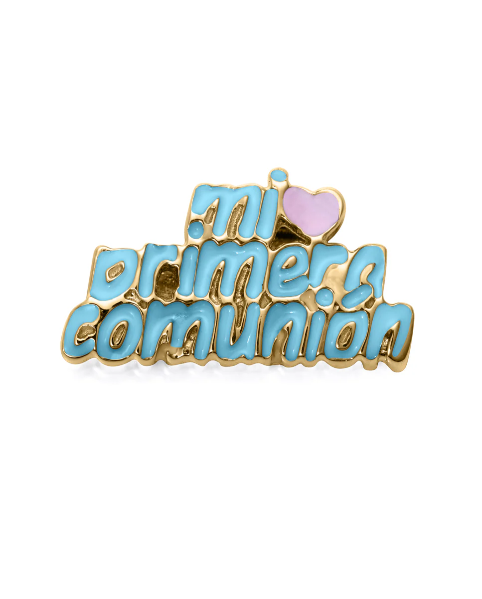 Motivo de niña de acero Ip dorado con forma texto mi primera comunion