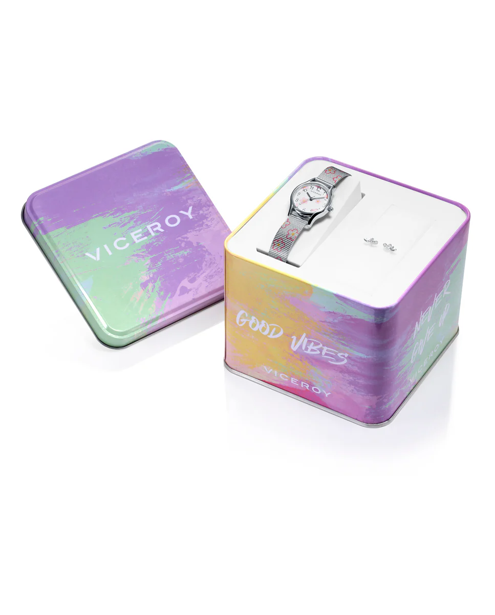 Pack de niña Sweet reloj tres agujas, caja y malla milanesa de acero con estampados de flores rosas y Pendientes de Plata de ley con forma de corazón.