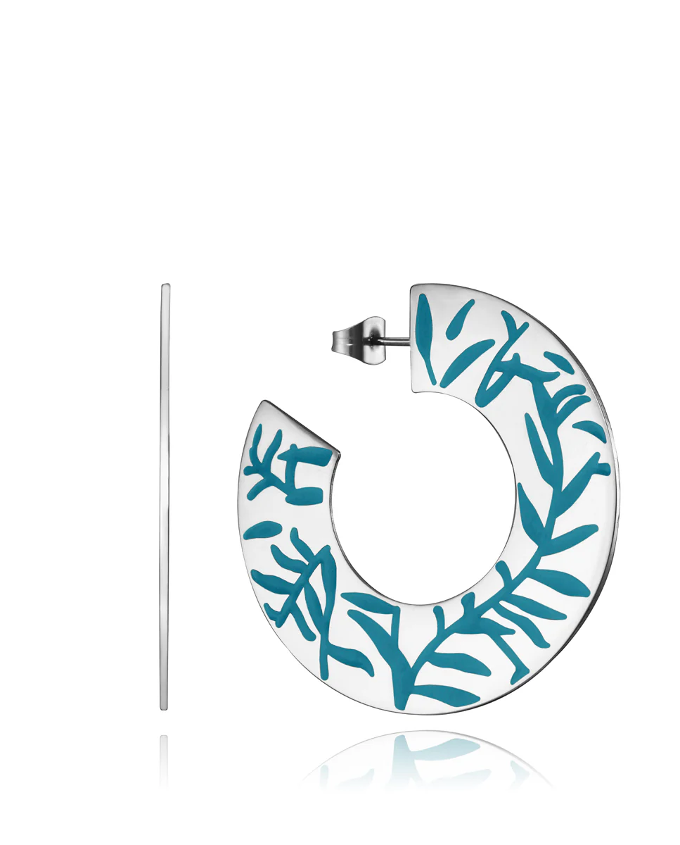 Pendientes Chic de acero en forma de aros con estampado de flores en azul
