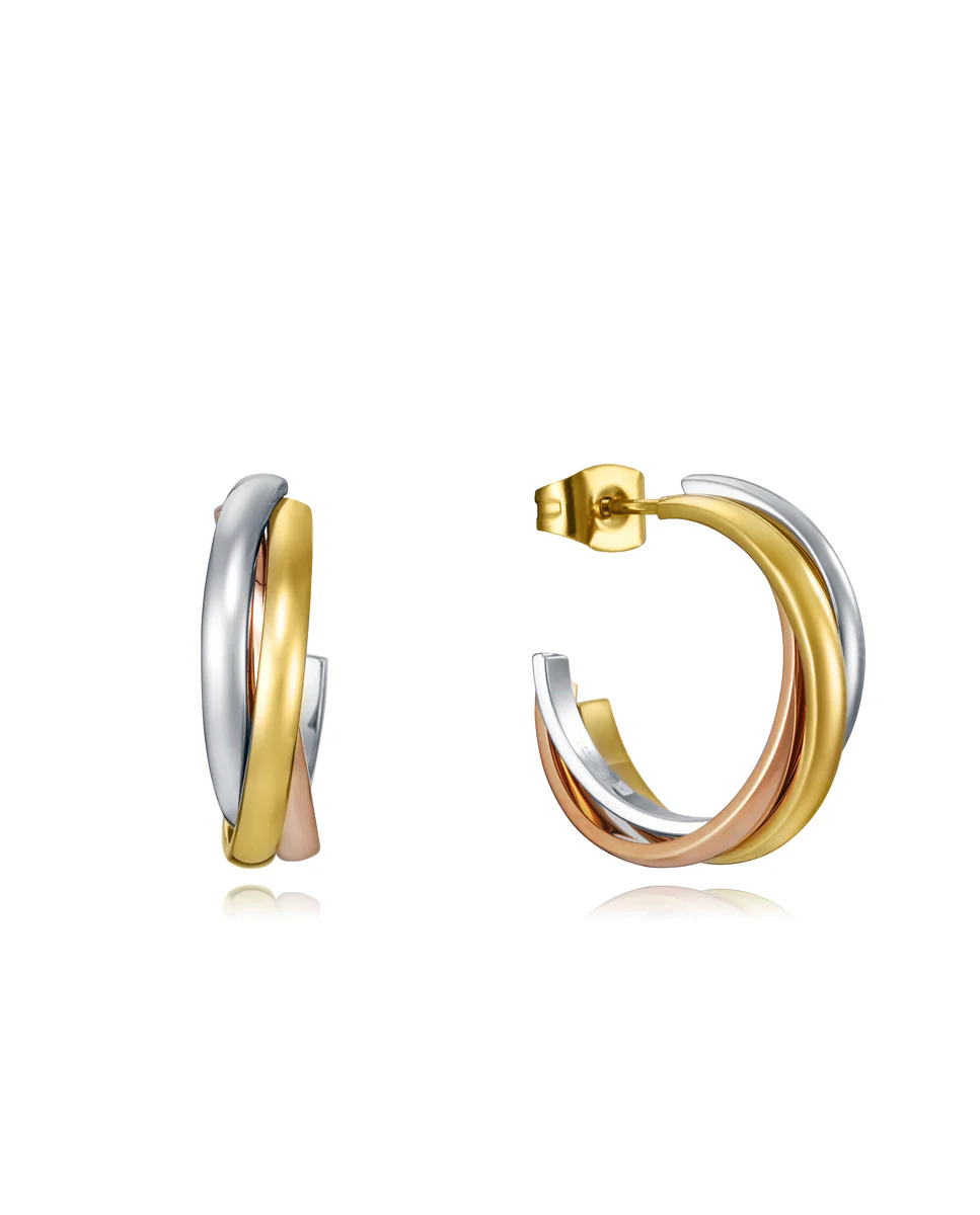 Pendientes de acero con aros entrelazados en tres tonos