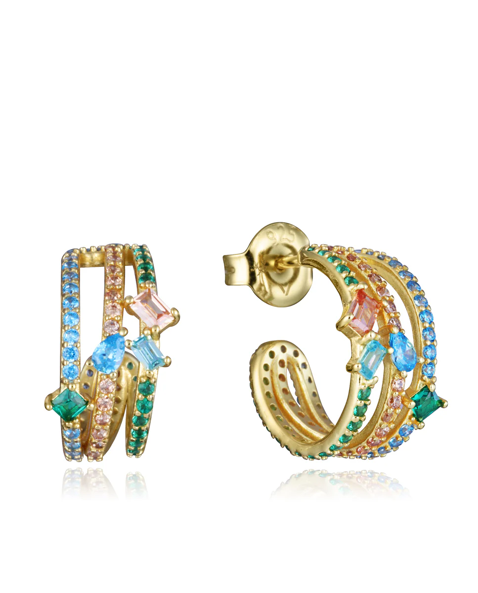 Pendientes de aro de plata de ley con baño de oro y circonitas de colores