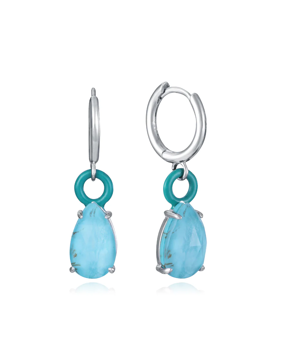 Pendientes de aro de plata de ley con baño de rodio y piedras doblete turquesa y cristal