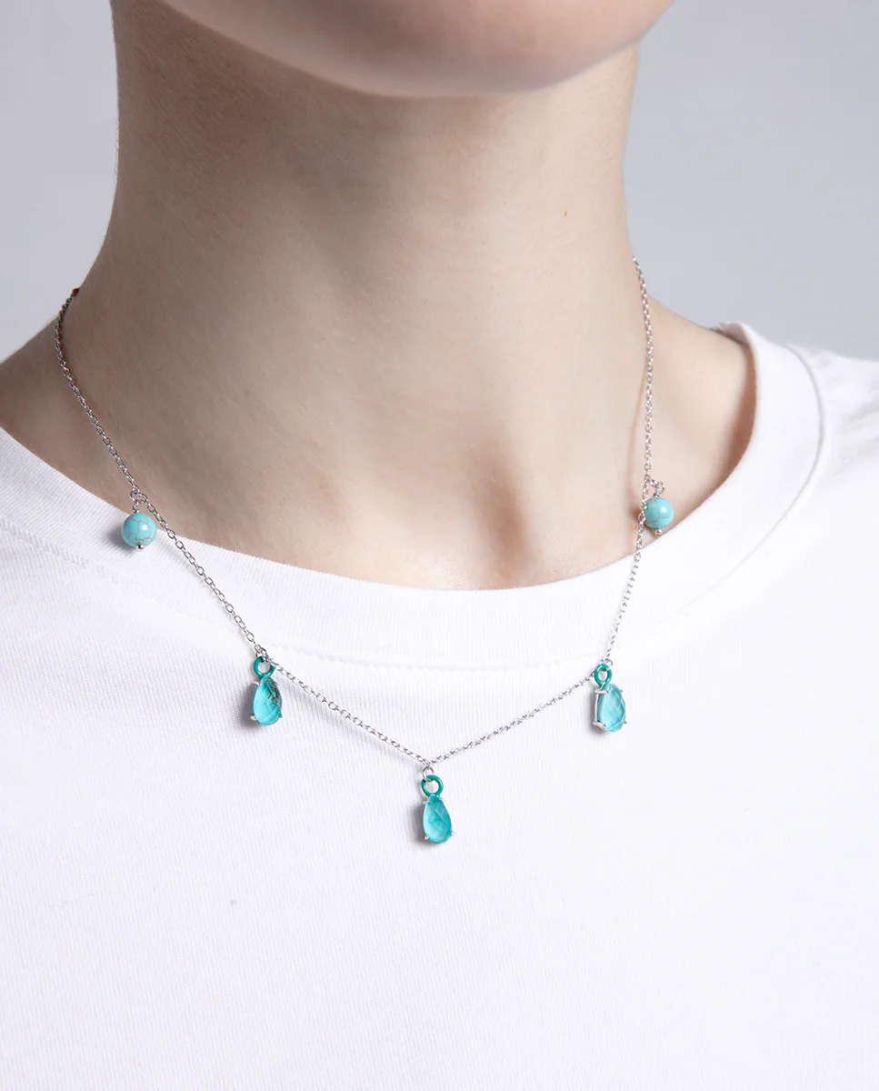 Pendientes de aro de plata de ley con baño de rodio y piedras doblete turquesa y cristal - Image 4