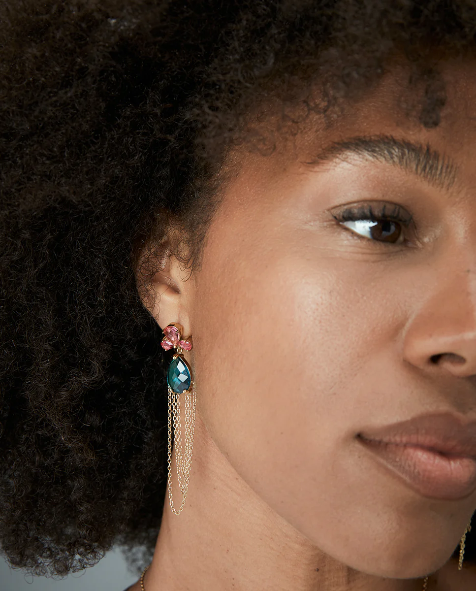 Pendientes de mujer de acero Ip dorado con cristales y cadenas colgantes - Image 2