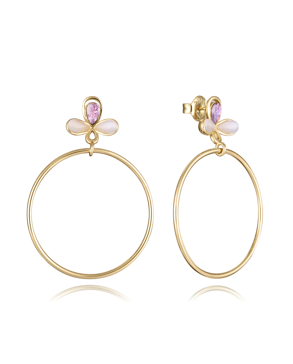 Pendientes de plata de ley con baño de oro y flor con circonitas en color rosa y aro colgante