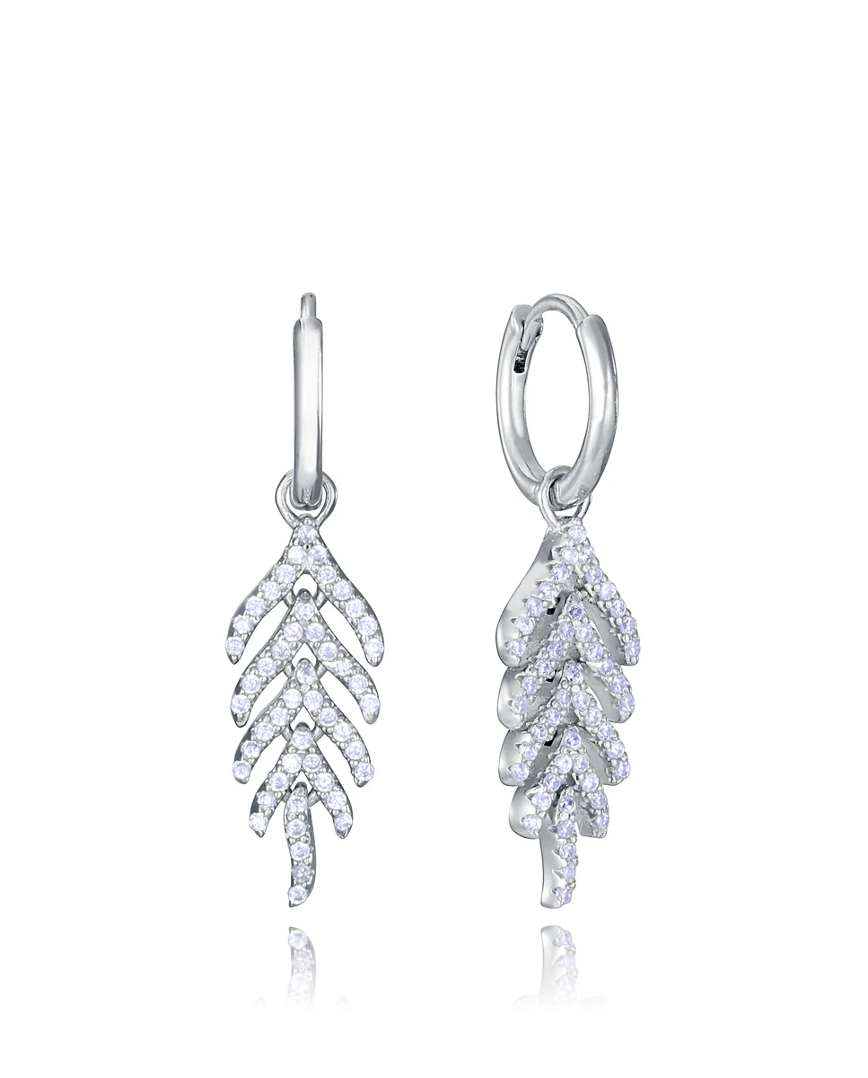 Pendientes de plata de ley con baño de rodio, colgante de hoja con circonitas blancas, largo 3,3 cm.