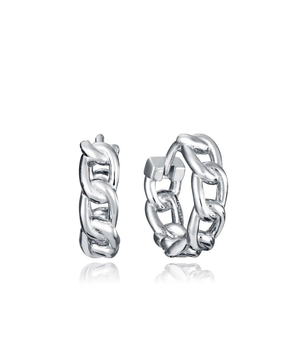 Pendientes de plata de ley con baño de rodio y aro con diseño de cadena