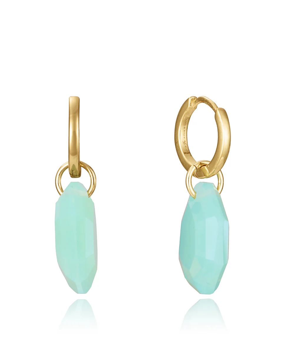 Pendientes de plata de primera ley con baño de oro y aro con colgante de cristal verde