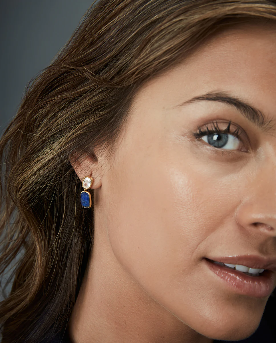Pendientes de plata de primera ley con baño de oro y piedras naturales doblete laspislazuli y cristal más circonitas - Image 2
