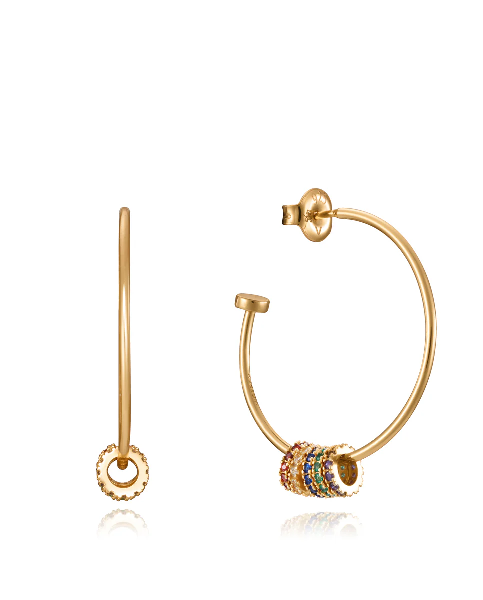 Pendientes Elegant de plata de ley con baño de oro con mini aros de circonitas de colores