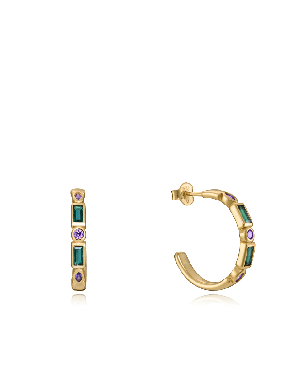 Pendientes Elegant de plata de ley con baño de oro y circonitas verdes y violetas