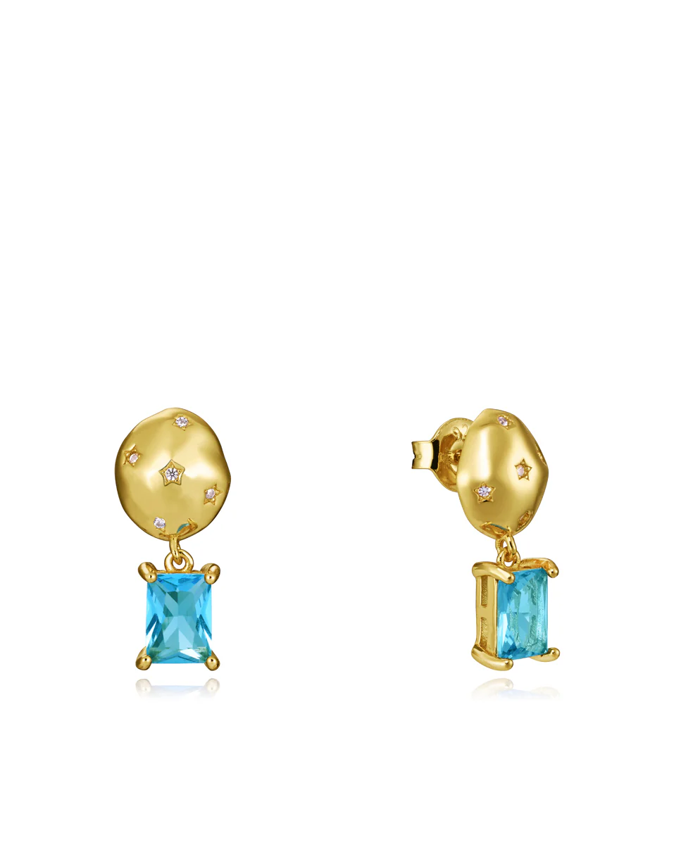 Pendientes Elegant de plata de ley dorada con circonitas blancas y colgante de cristal azul