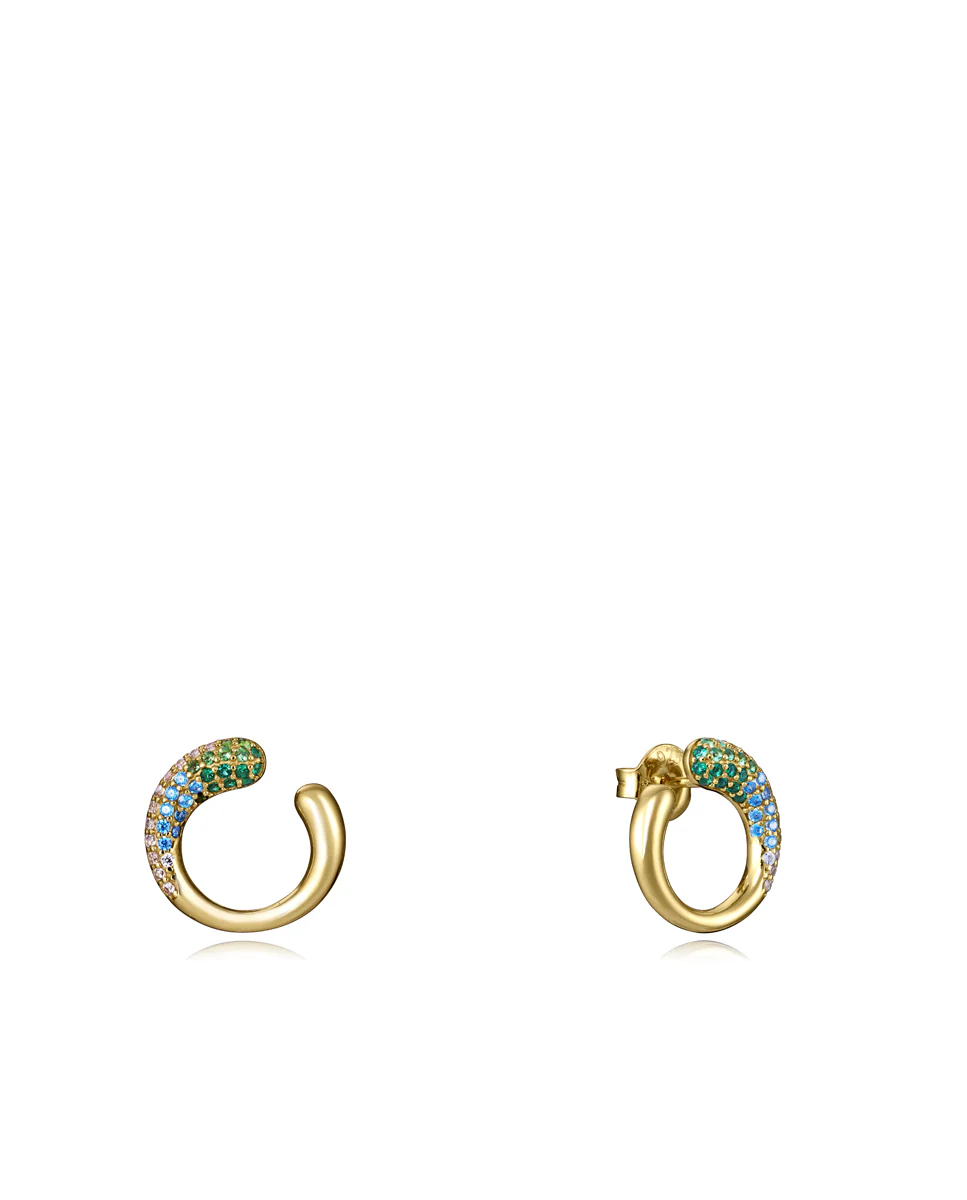 Pendientes Elegant de plata dorado con aro abierto y circonitas de colores