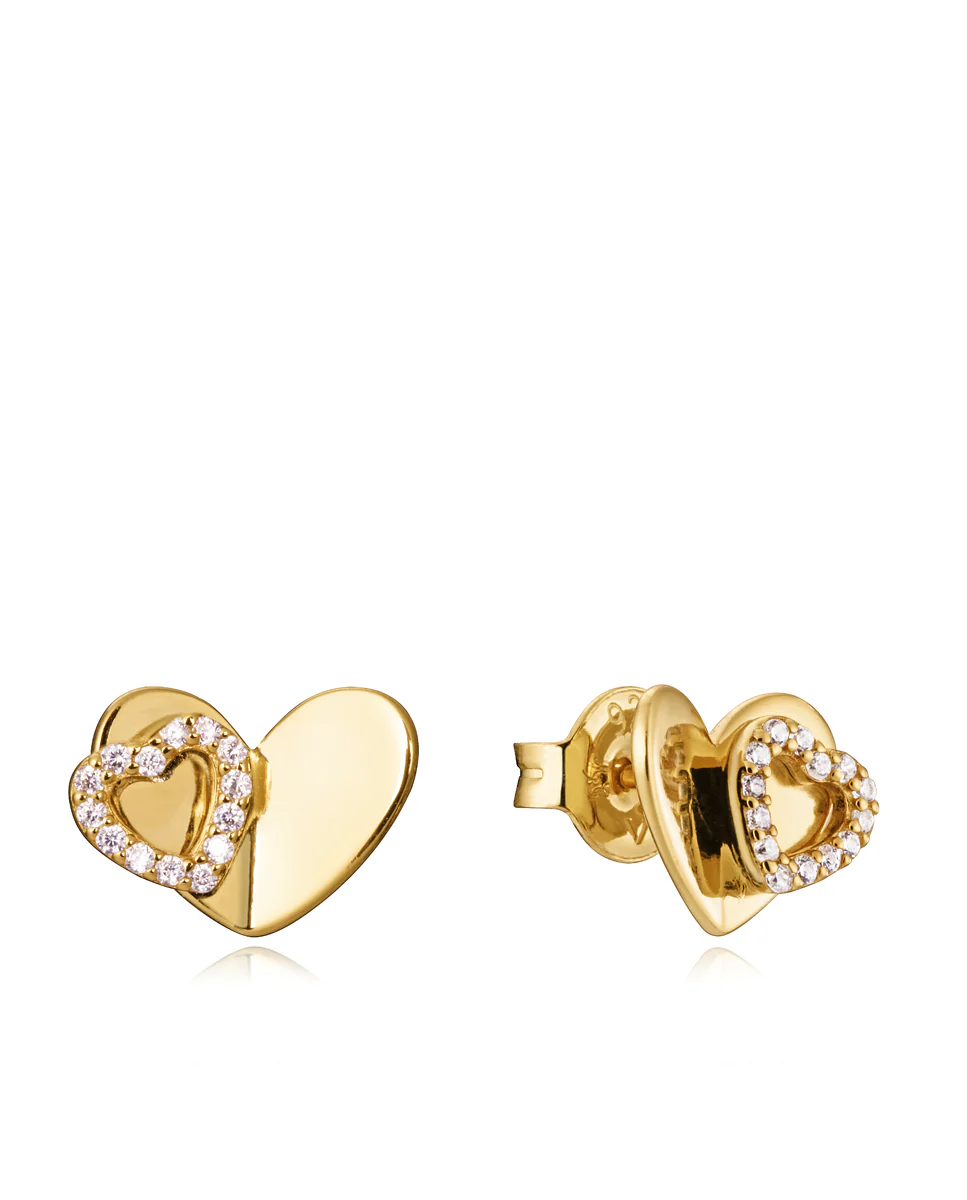 Pendientes Love de plata bañados en oro con corazones de circonitas