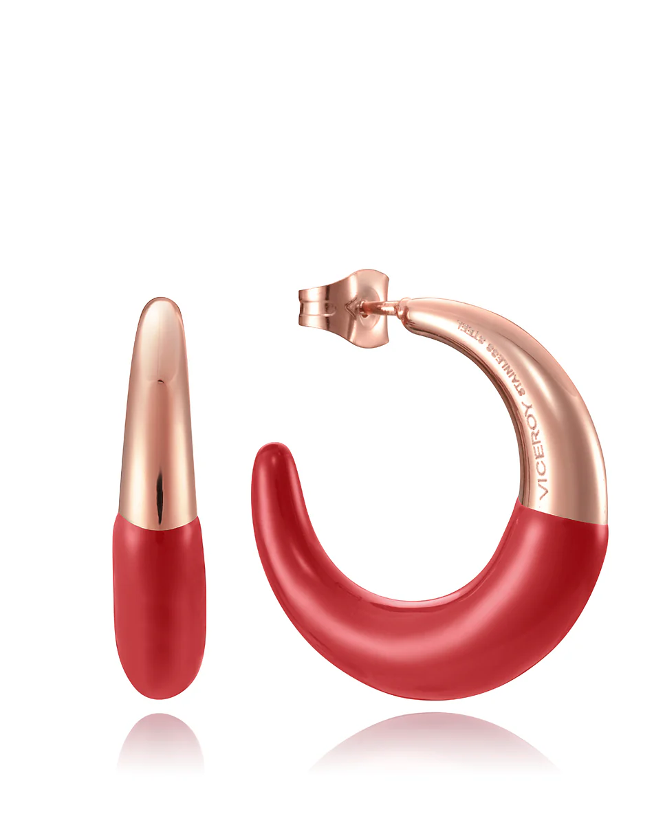 Pendientes tipo criollas Kiss de acero IP rosado y esmalte rojo