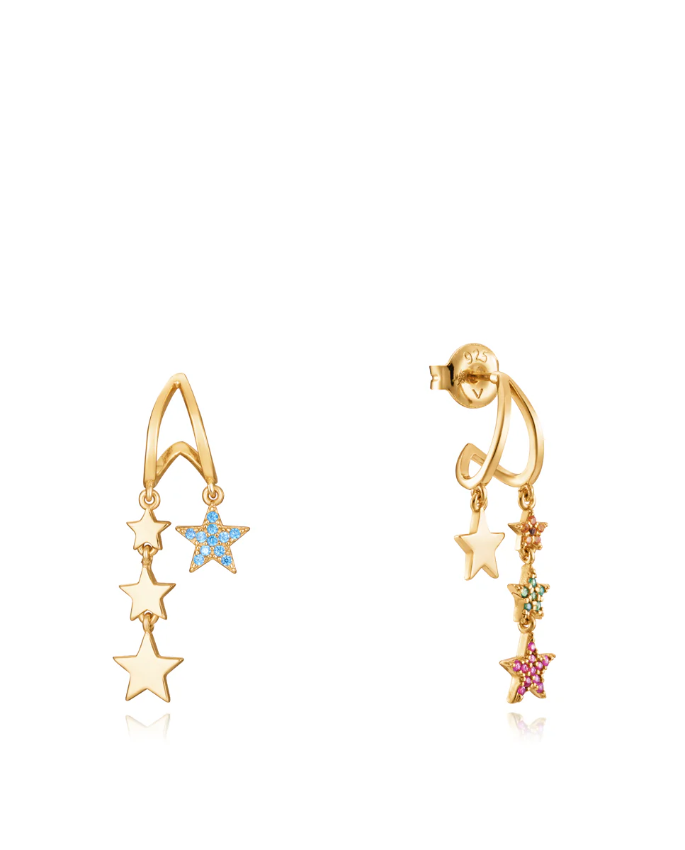 Pendientes Trend de plata de ley con baño de oro y estrellas de colores