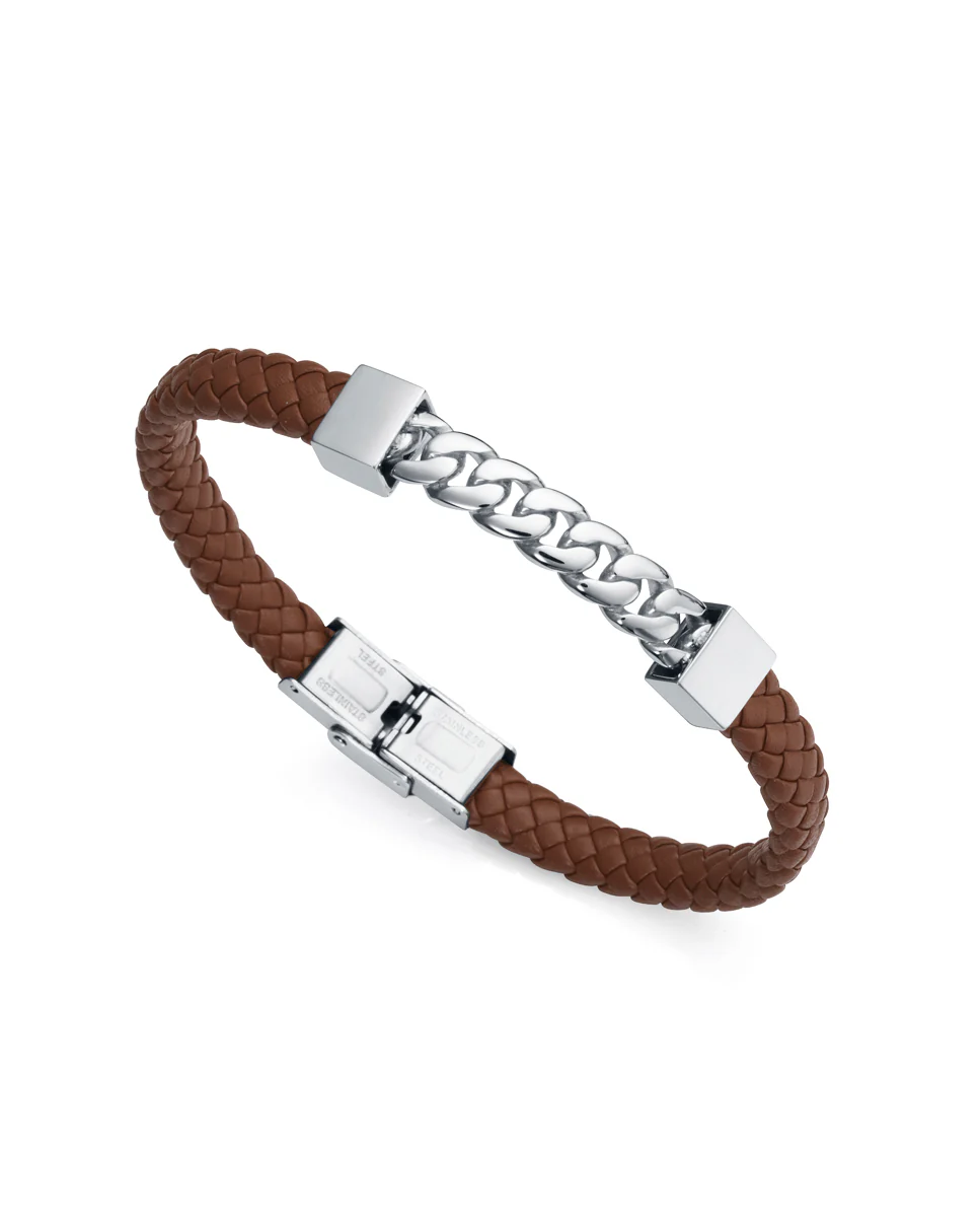 Pulsera Beat de acero con piel marrón