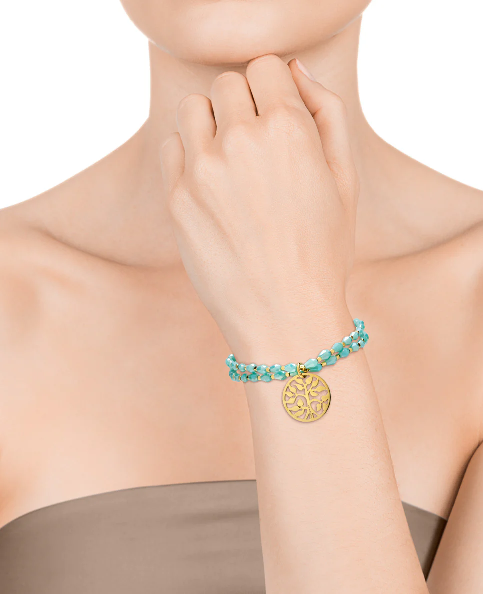 Pulsera Chic de acero dorado con piedras azules y motivo del árbol de la vida - Image 2