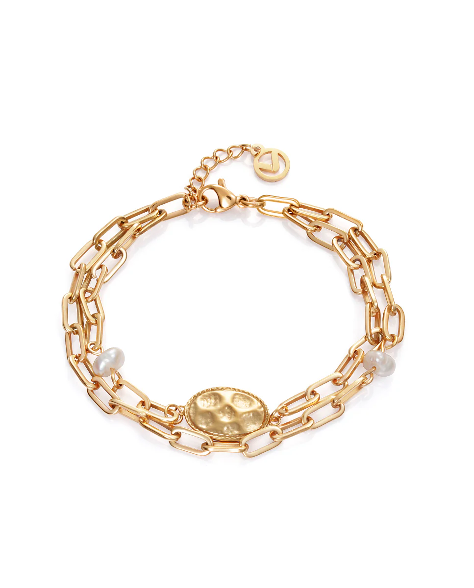 Pulsera Chic de acero IP dorado con disco ovalado martilleado y perla